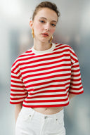 Oversize Crop Fit Kırmızı Çizgili Kadın T-Shirt