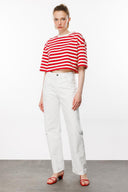 Oversize Crop Fit Kırmızı Çizgili Kadın T-Shirt
