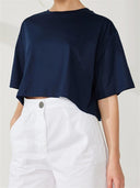 Oversize Crop Fit Bisiklet Yaka Lacivert Kadın T-Shirt