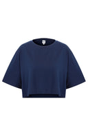 Oversize Crop Fit Bisiklet Yaka Lacivert Kadın T-Shirt