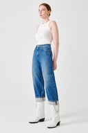 RACHEL Relaxed Straight Ankle Fit Orta İndigo Kadın Jean Pantolon