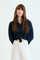 Relaxed Fit Balon Pilise Kol Rinse Koyu İndigo Kadın Jean Gömlek