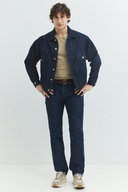 Relaxed Fit Klasik Piliseli Koyu İndigo Rinse Erkek Jean Ceket