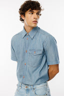 Rahat Fit Chambray Kısa Kollu Orta İndigo Erkek Jean Gömlek