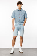 Rahat Fit Chambray Kısa Kollu Orta İndigo Erkek Jean Gömlek