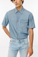 Rahat Fit Chambray Kısa Kollu Orta İndigo Erkek Jean Gömlek