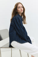 Relaxed Fit Balon Kol Taşlı Rinse Koyu İndigo Kadın Jean Gömlek