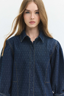 Relaxed Fit Balon Kol Taşlı Rinse Koyu İndigo Kadın Jean Gömlek