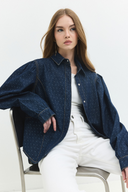 Relaxed Fit Balon Kol Taşlı Rinse Koyu İndigo Kadın Jean Gömlek