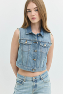Regular Crop Fit Açık İndigo Kadın Jean Yelek