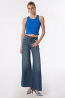 Slim Crop Fit Basic Kaşkorse Mavi Kadın Crop Top
