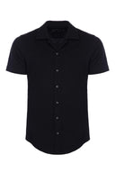 Slim Fit V Yaka Kısa Kollu Siyah Erkek Gömlek