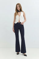 Slim Flare Long Fit Rinse Koyu İndigo Taşlı Kadın Jean Pantolon